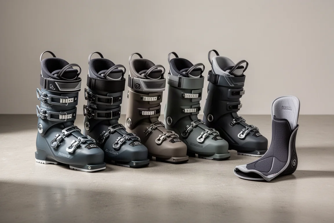 Six alpine ski boots and a separate low-volume liner arranged on a concrete surface