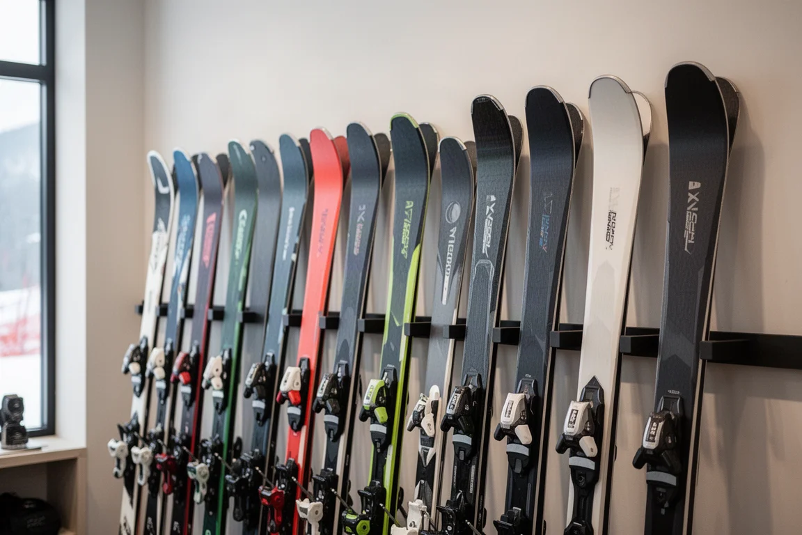 Rangées de skis alpins présentés debout dans une boutique de ski lumineuse