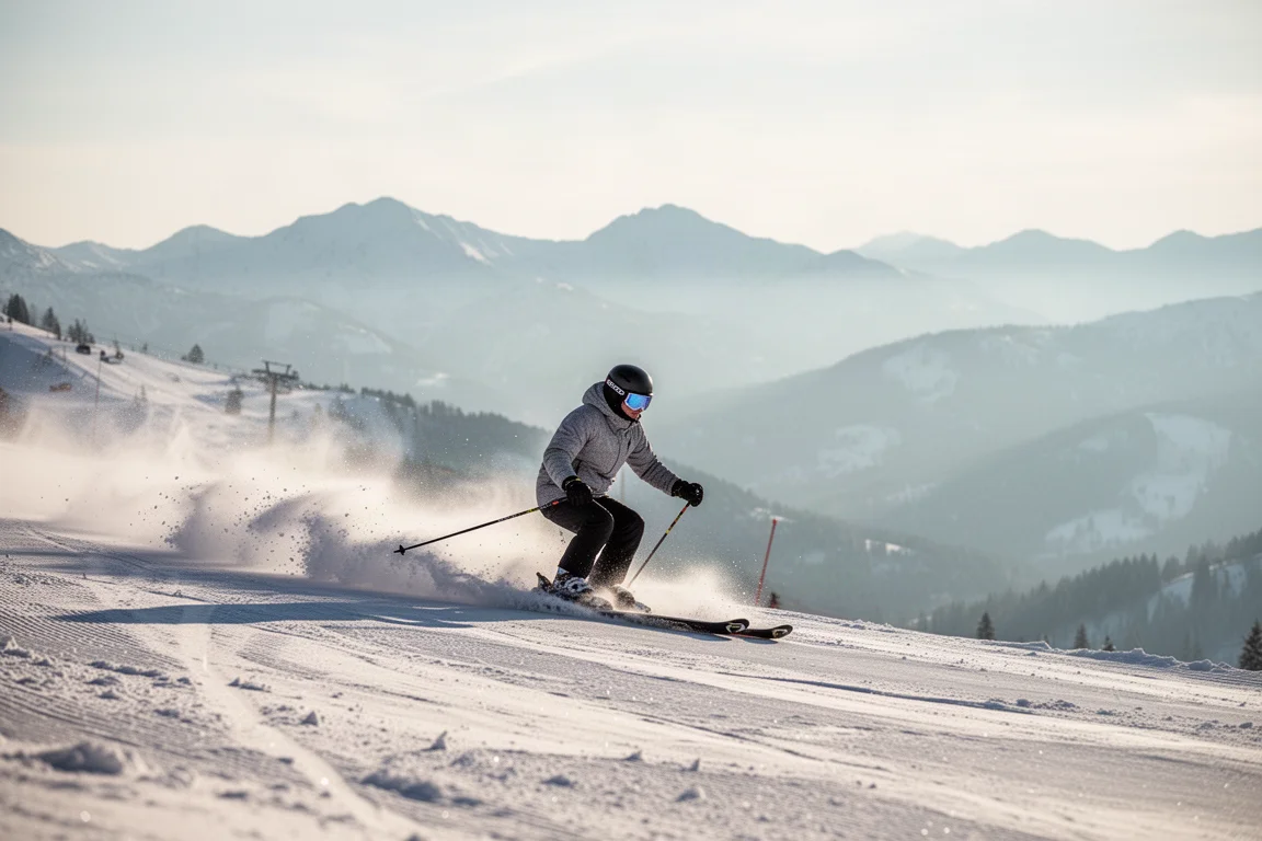Skieur traçant des courbes sur une piste damée dans une douce lumière matinale