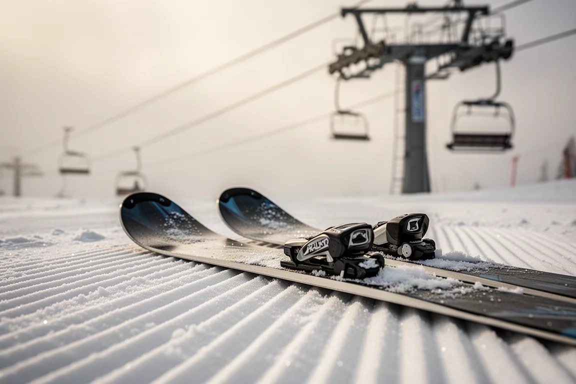 Gros plan sur des spatules de skis posées sur la neige fraîche près d'un télésiège