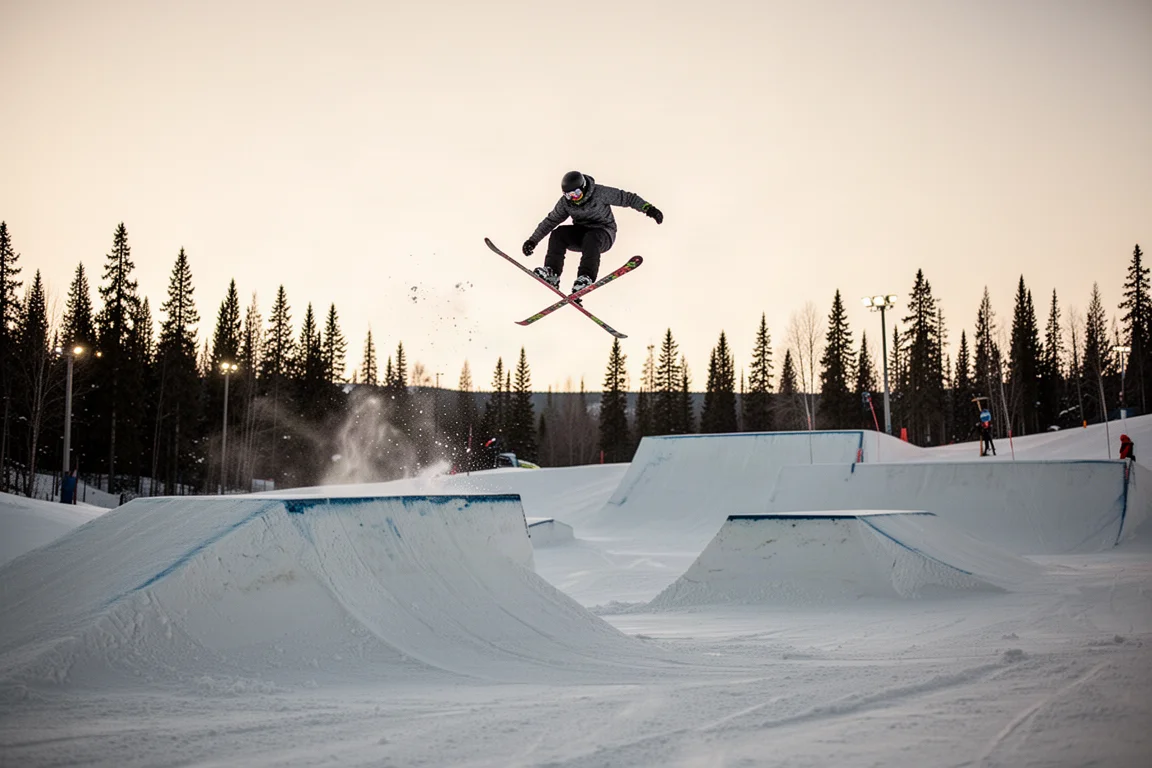 Skieur freestyle prenant un side hit dans un snowpark au crépuscule