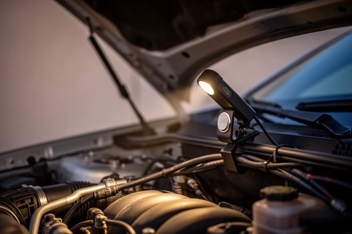 Compacte werkatom geklemd aan een kabel onder een autokap, werpt fel licht