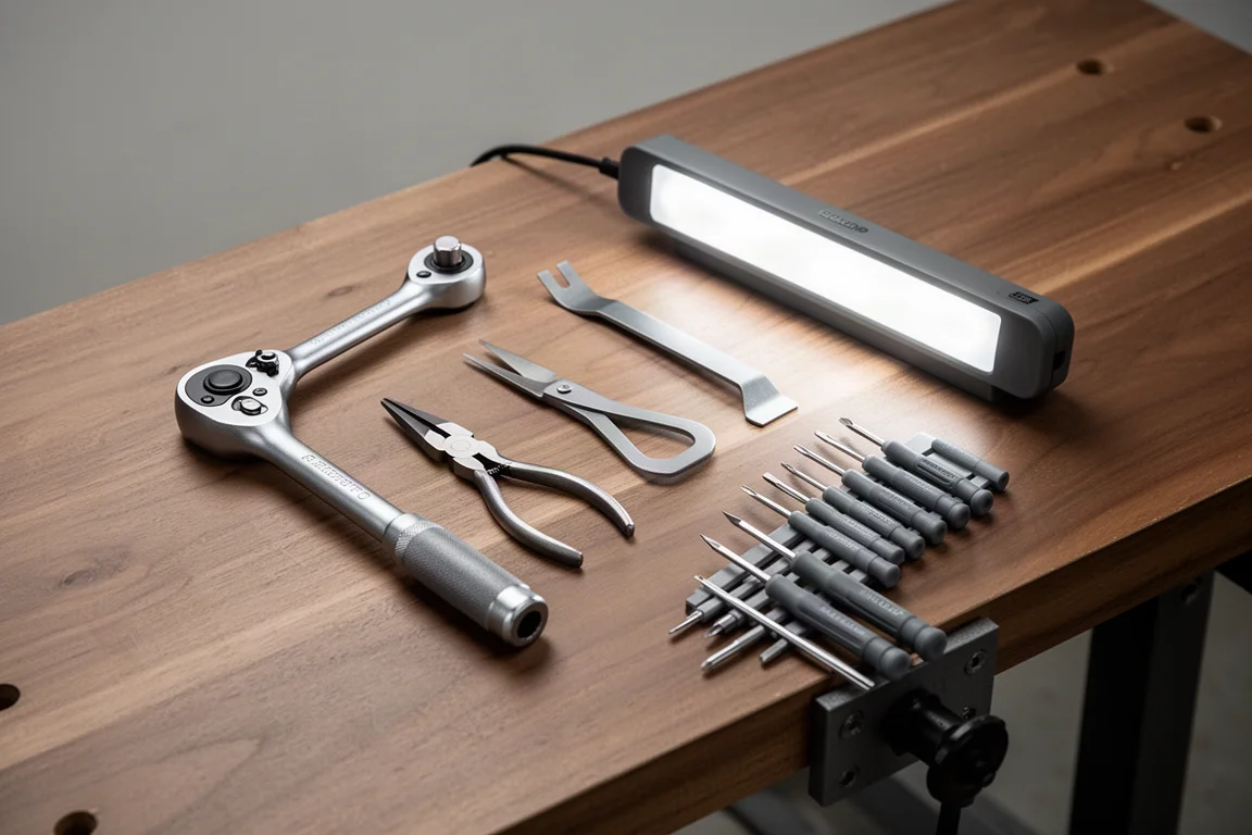 Flat lay of assorted hand tools including a ratchet, pliers, pry bar, work light and screwdrivers on a wood workbench