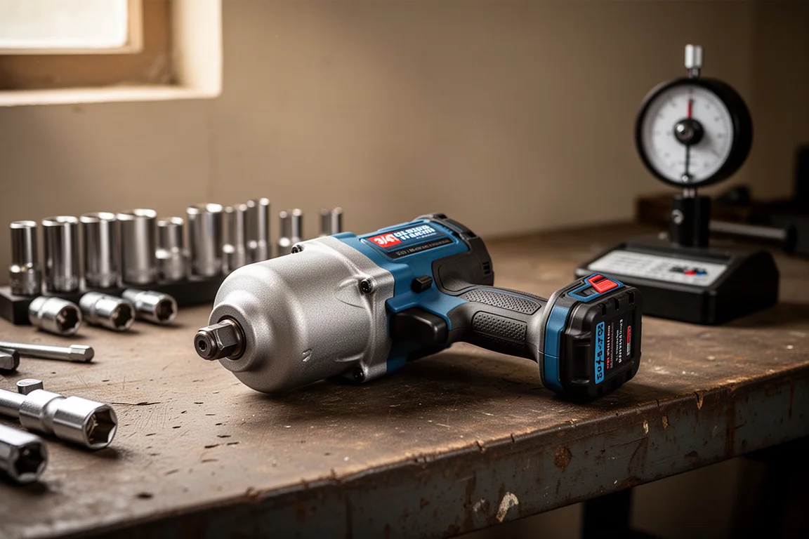 Zware 3/4-inch accu-klopmoersleutel liggend op een werkbank