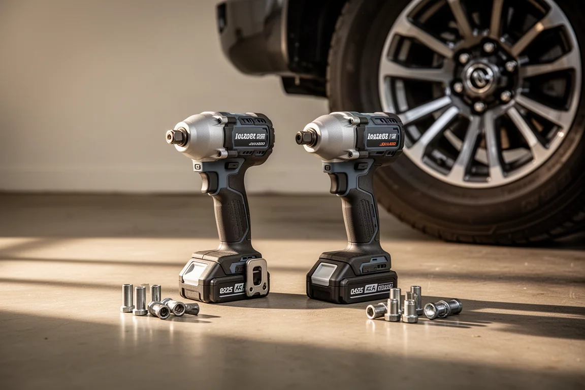 Twee accu-klopmoersleutels naast elkaar op een garagedeur tijdens een werksessie