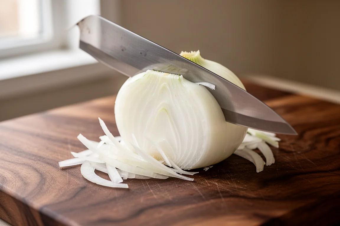 Cuchillo gyuto afilado cortando limpiamente una cebolla fresca sobre una tabla de cortar