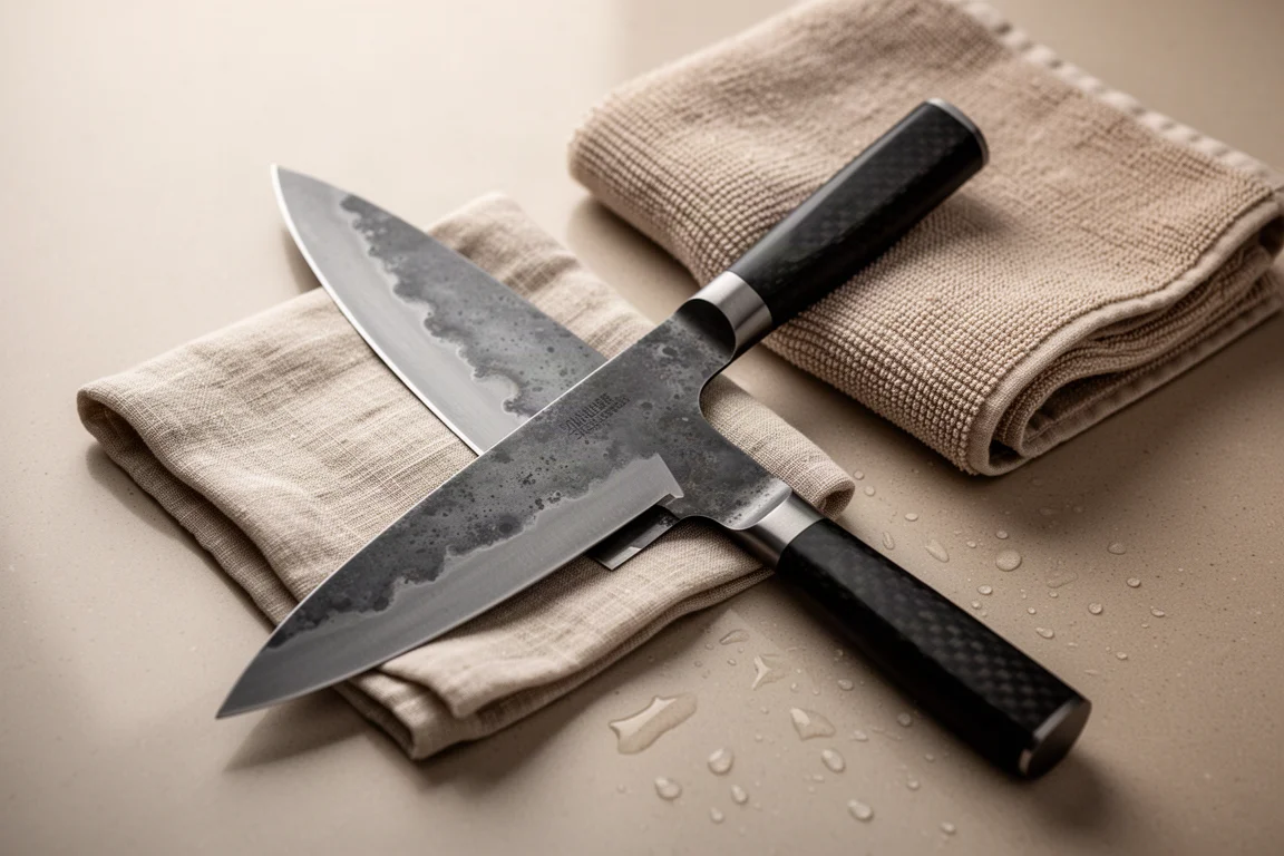 Un cocinero secando con un paño la hoja reactiva de un cuchillo con cladding de hierro