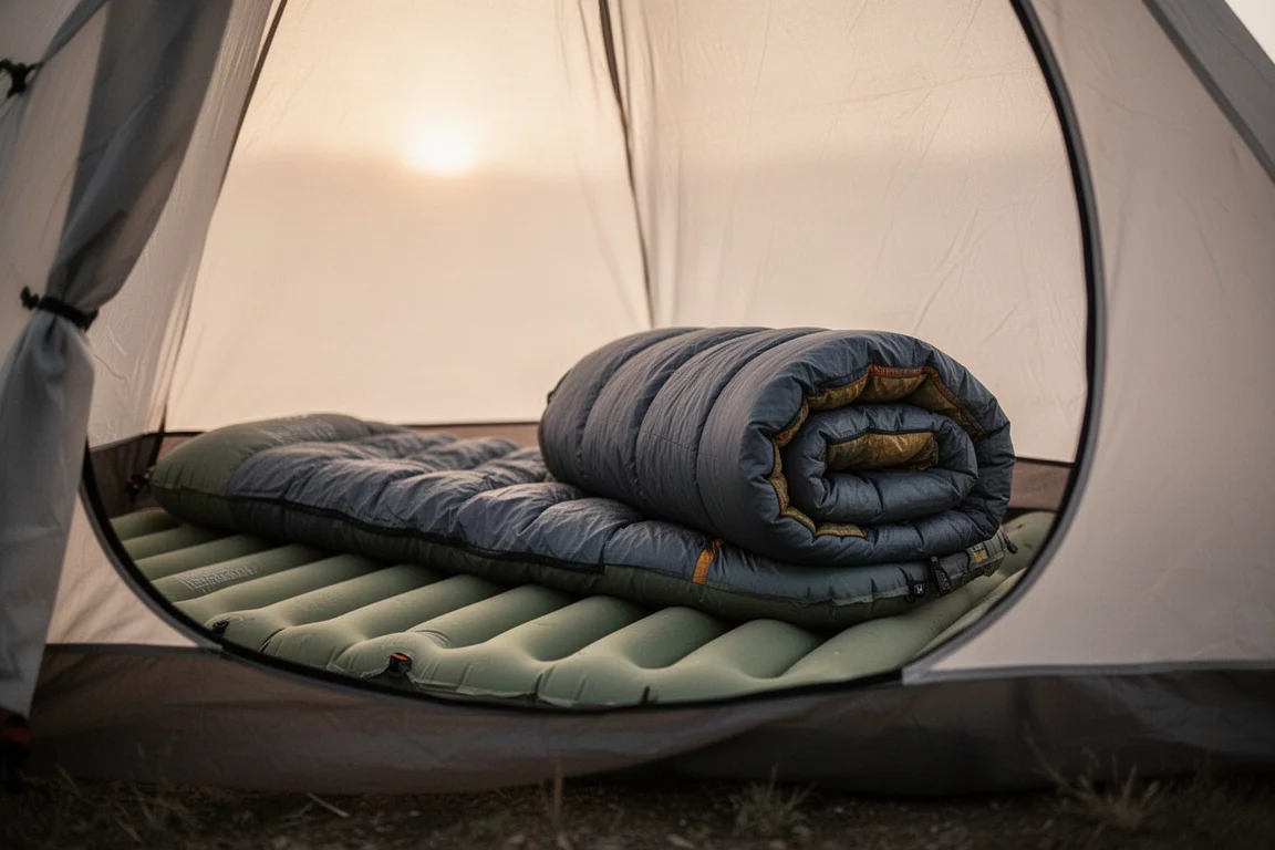 Topquilt en slaapmatje opgezet in een tent bij zonsopgang