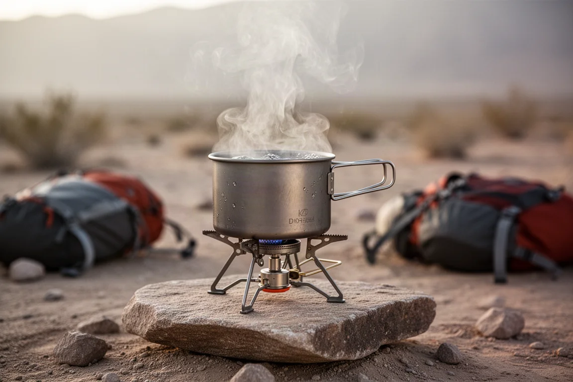 Backpackkookstel dat water kookt in een titanium pan op een rots