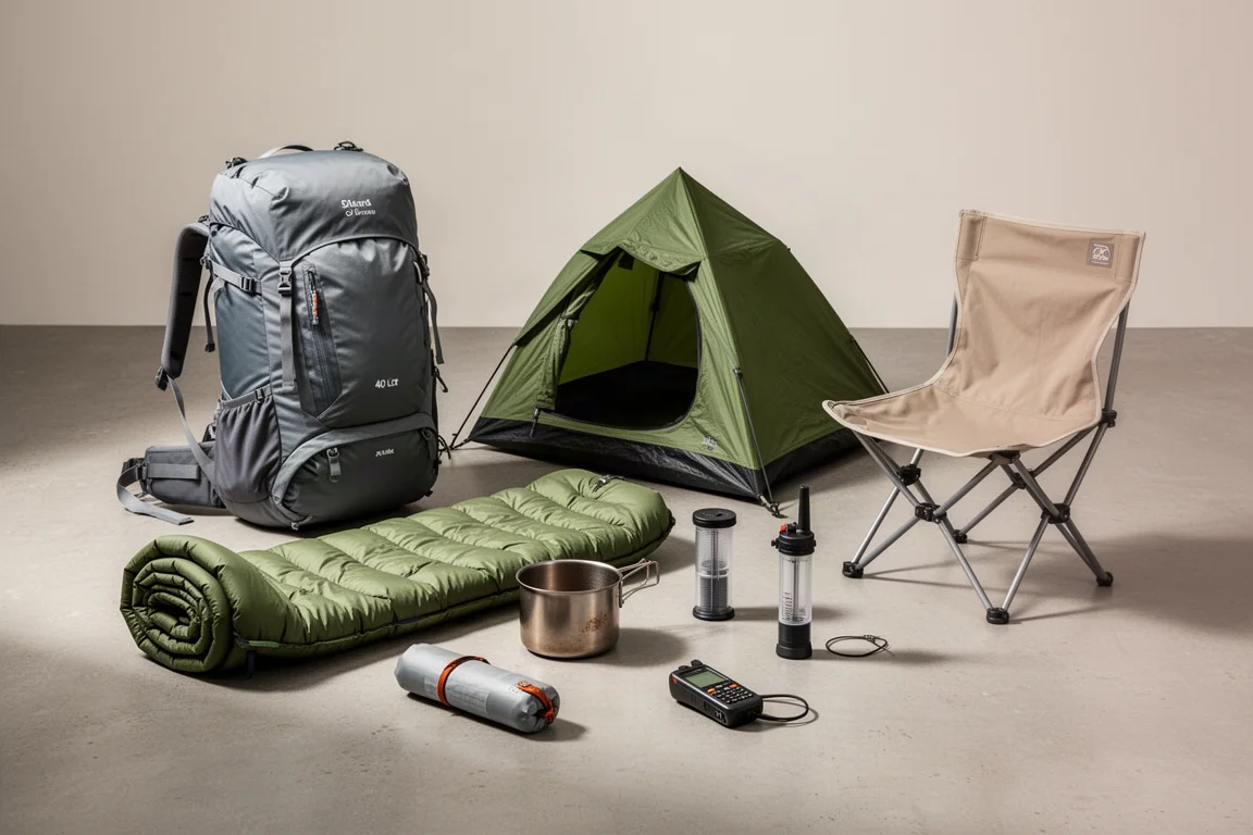 Flat-lay van backpackuitrusting met rugzak, tent, quilt, matje, pan, filter, communicator en stoel