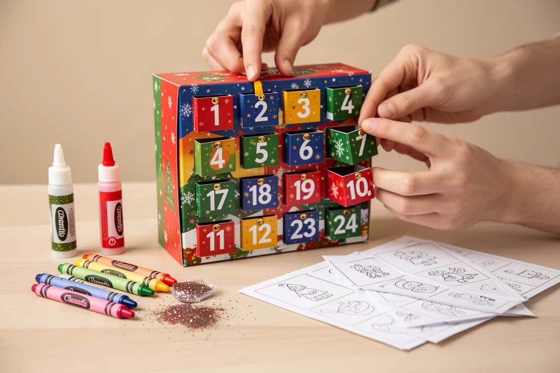 Manine di un bambino che aprono uno sportello piccolo e numerato di un calendario dell'avvento con materiali per il fai-da-me disposti in giro