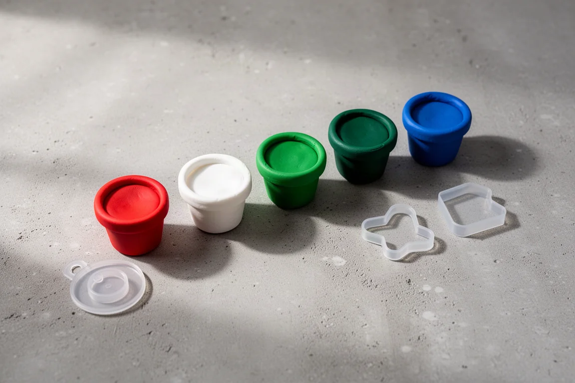 Vasetti di plastilina colorata e stampi a forma festiva disposti su un tavolo