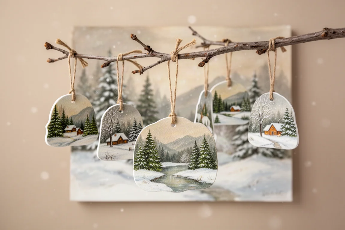 Piccole decorazioni festive e una scena natalizia dipinta allestiti su una mensola