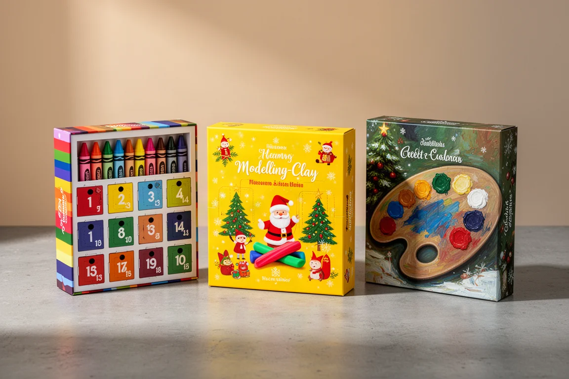 Tre scatole di calendario dell'avvento affiancate su una superficie di cemento