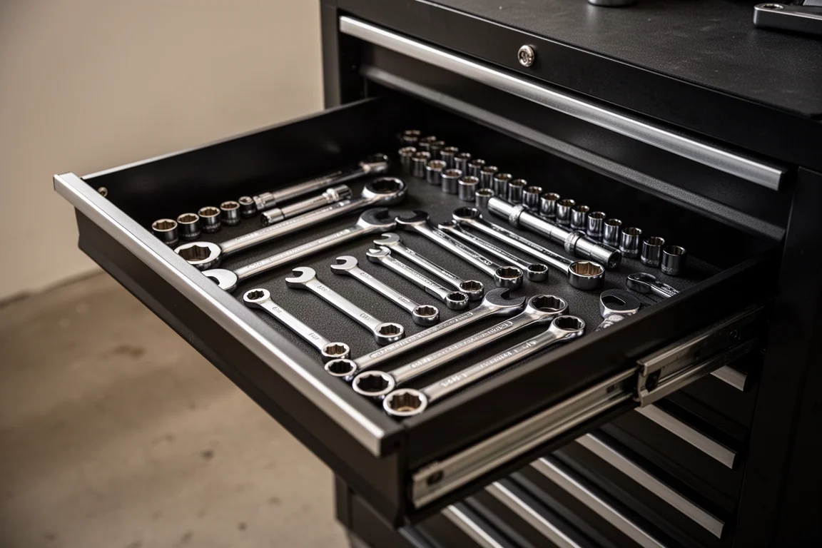 Open lade van gereedschapskast met divers handgereedschap