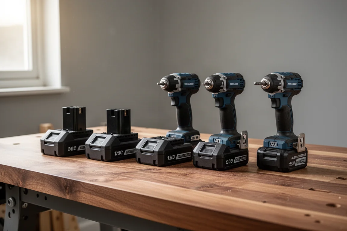 Accupack en accuboormachines op een werkbank