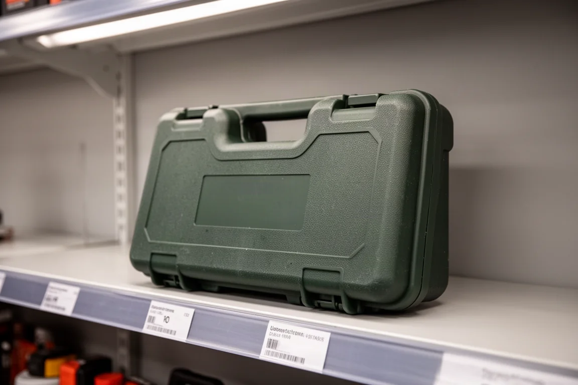 Doos van budget accugereedschapset op een winkelplank bij zacht licht