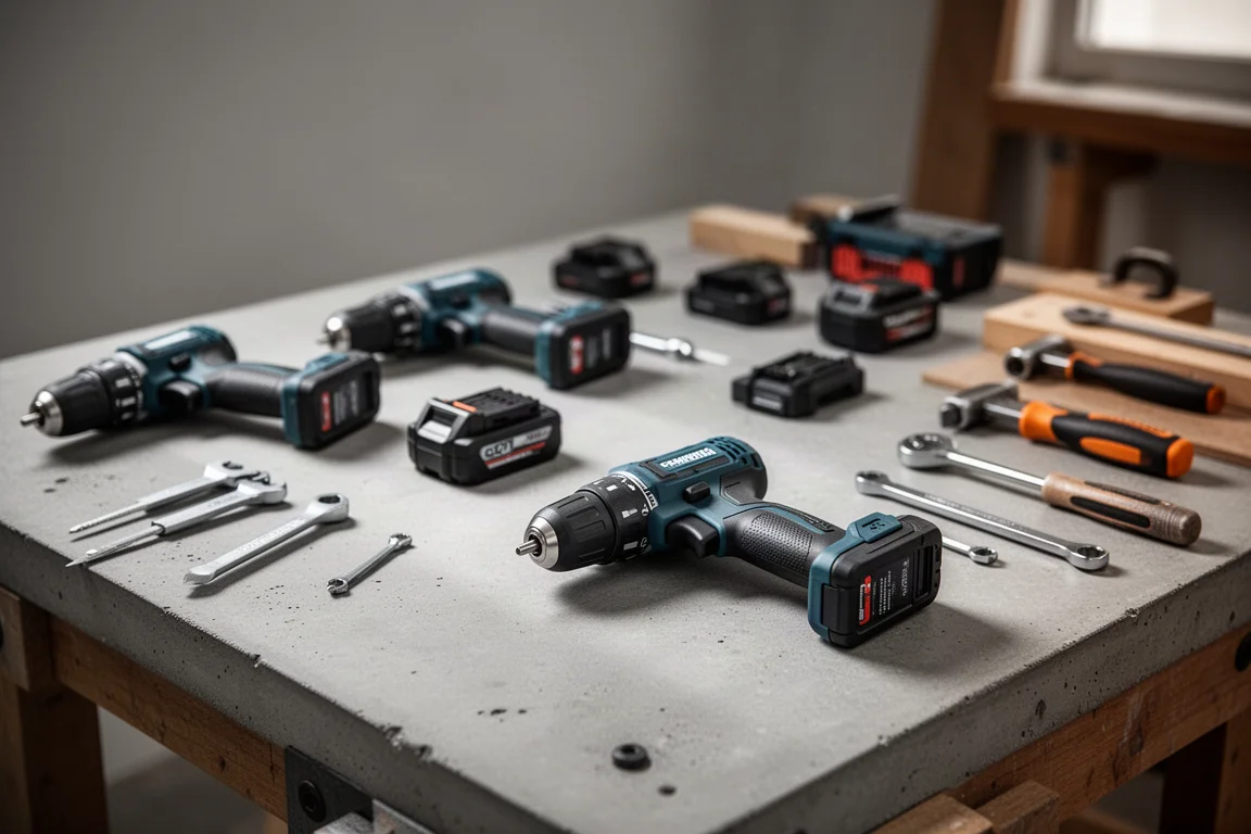 Diverse accugereedschap en handgereedschap op een werkbank