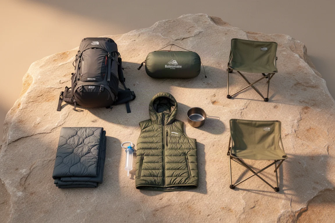 Backpacking gear arranged on pale sandstone with a pack, tent, quilt, pot and chair