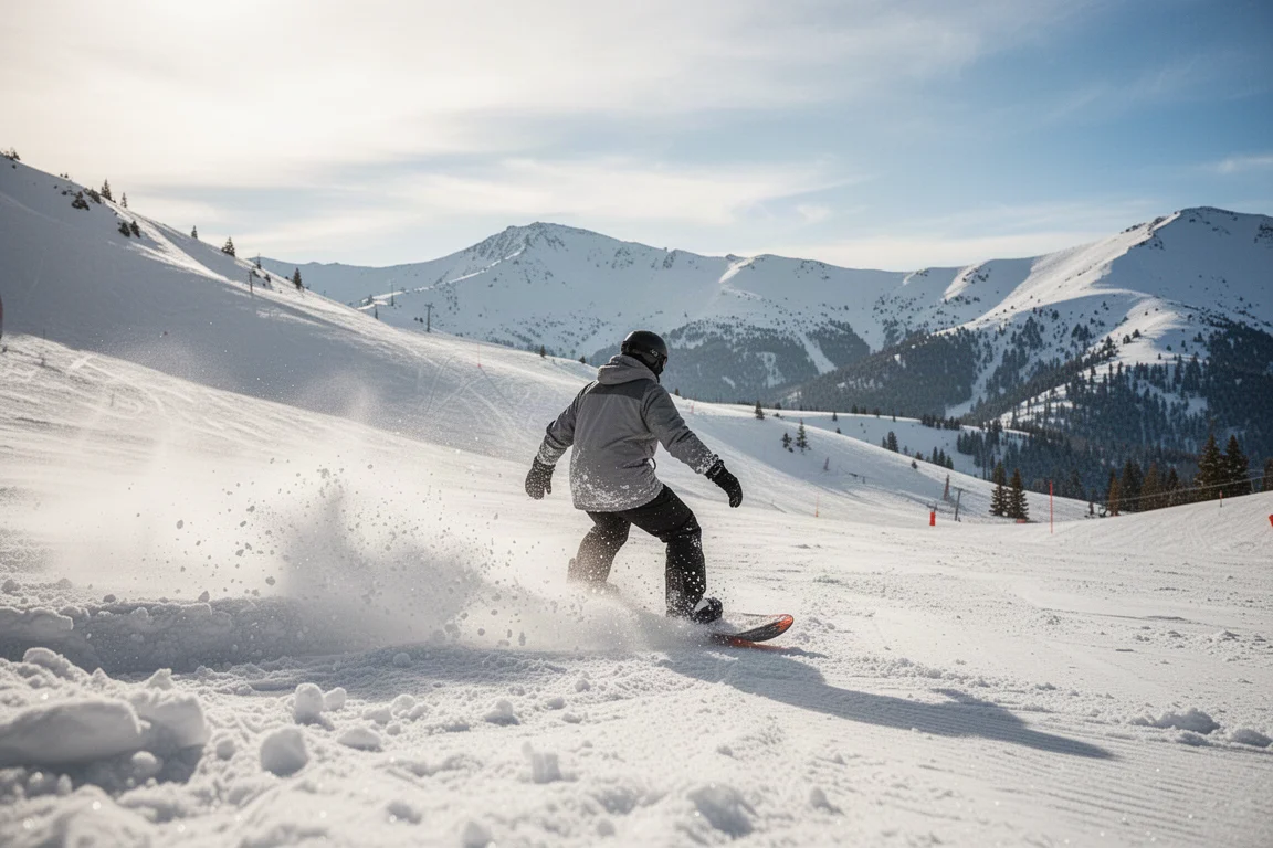 Snowboarder trazando curvas sobre nieve primaveral blanda y aguanieve en una pista soleada de montaña