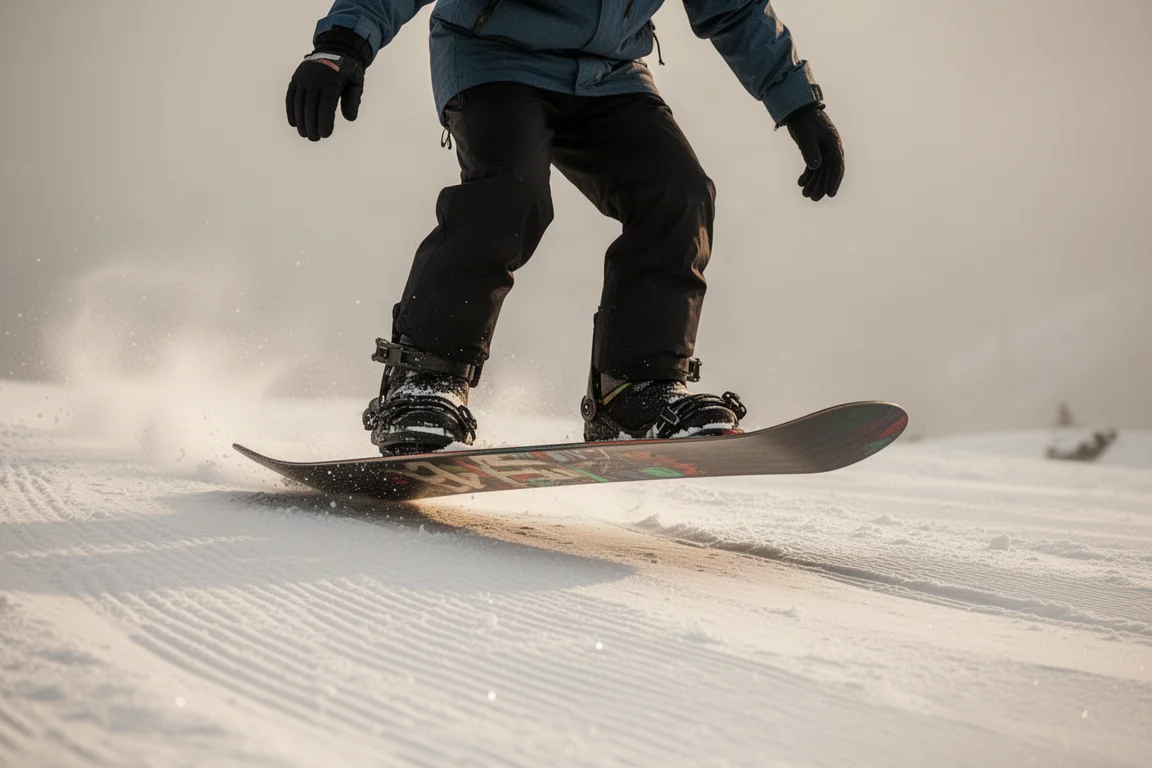 Snowboarder apoyando el nose de la tabla en plano en una pista preparada