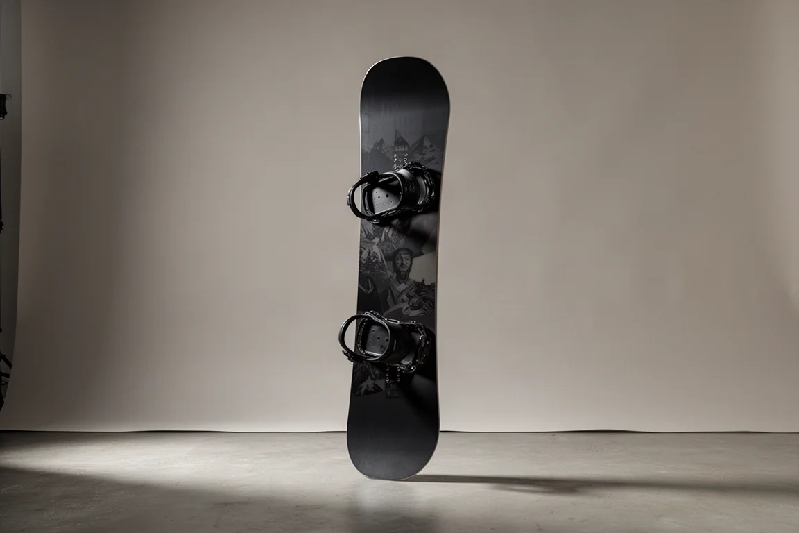 32 Cold World snowboard standing upright on a grey studio backdrop