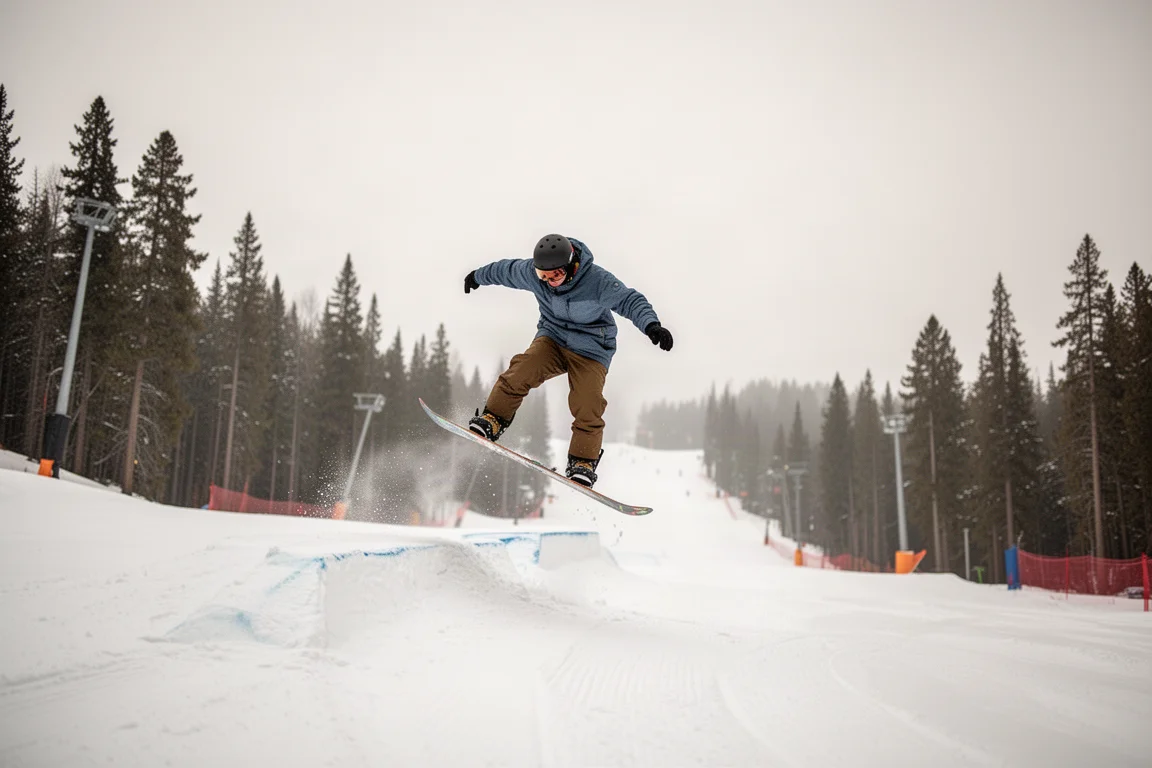 Snowboarder pressing the nose of a camber board on a groomed resort slope