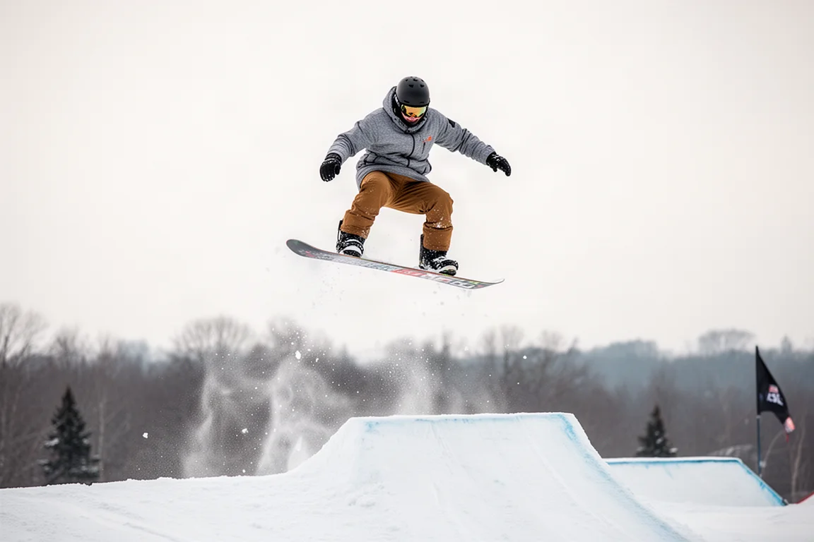 Snowboarder launching off a small park jump against a bright winter sky