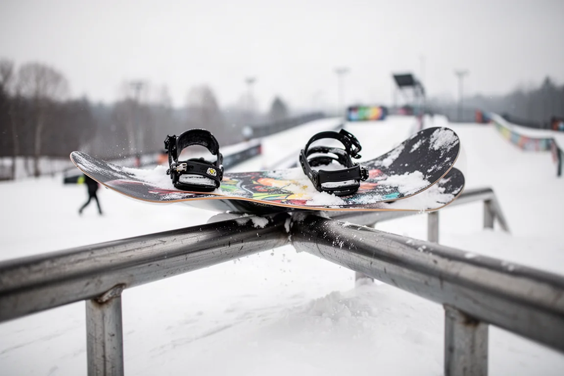 Snowboard locking in a board slide around a metal park rail