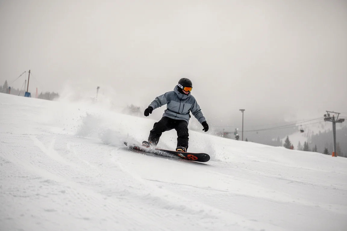 Snowboarder carving a mellow arc through packed snow under overcast light