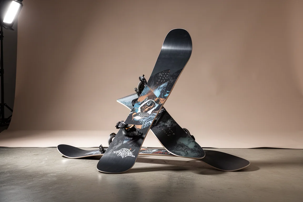 Twin-tip freestyle snowboard standing at a three-quarter angle on a concrete floor