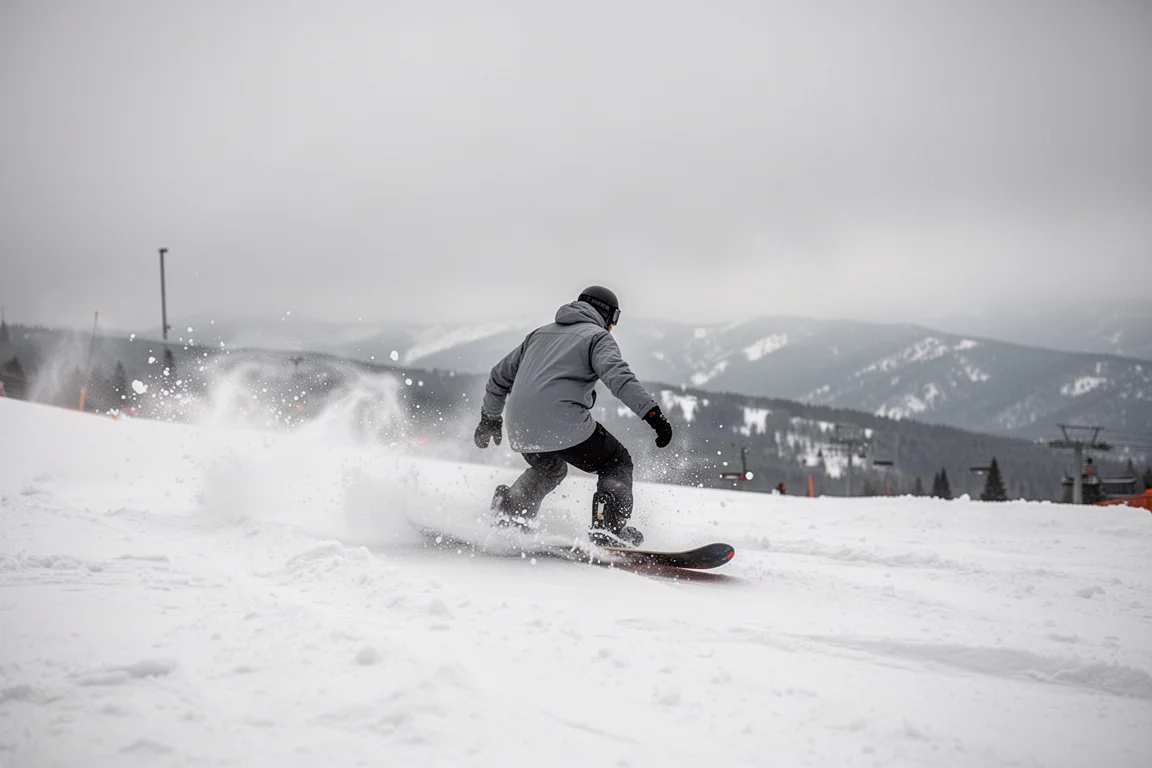 Snowboarder trazando curvas sobre nieve irregular en una estación de montaña en un día nublado