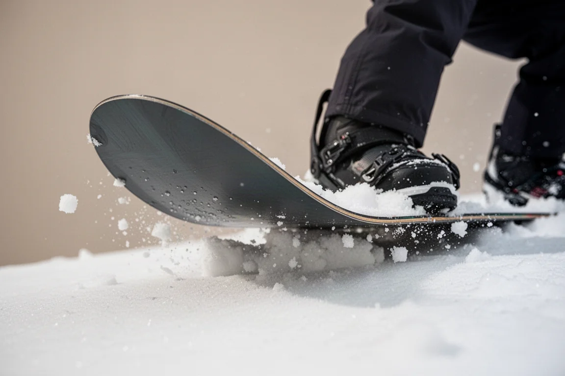 Primer plano del tail de una tabla de snowboard cargado contra la nieve compactada durante un ollie