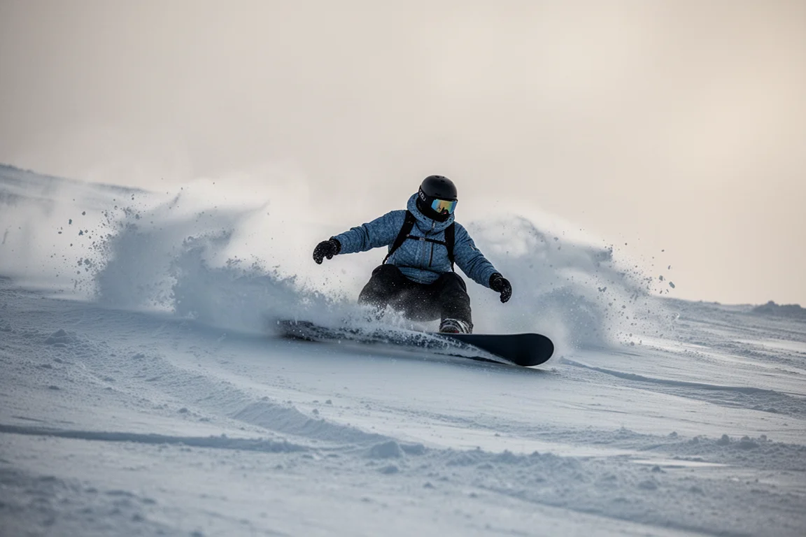 Snowboarder realizando un carve profundo en una pista acondicionada