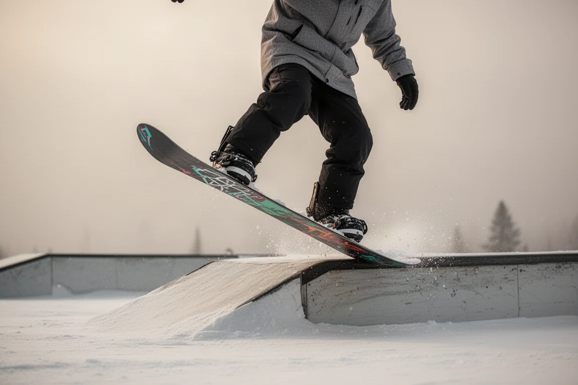 Snowboarder haciendo butter en el nose de una tabla en un snowpark
