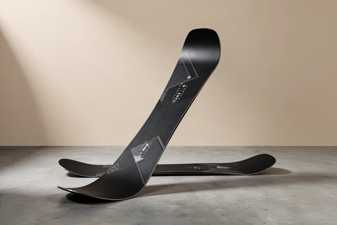 32 Snafu directional snowboard standing on a concrete floor