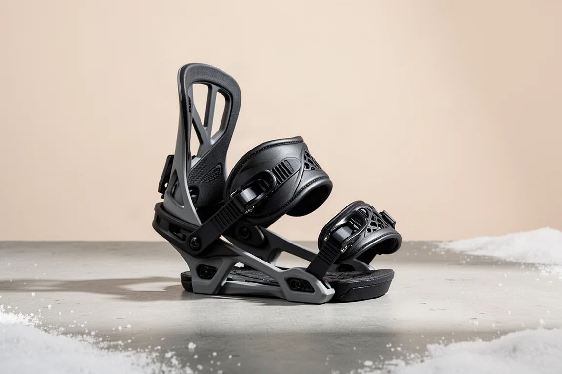 Matte black snowboard binding with open highback on a neutral surface