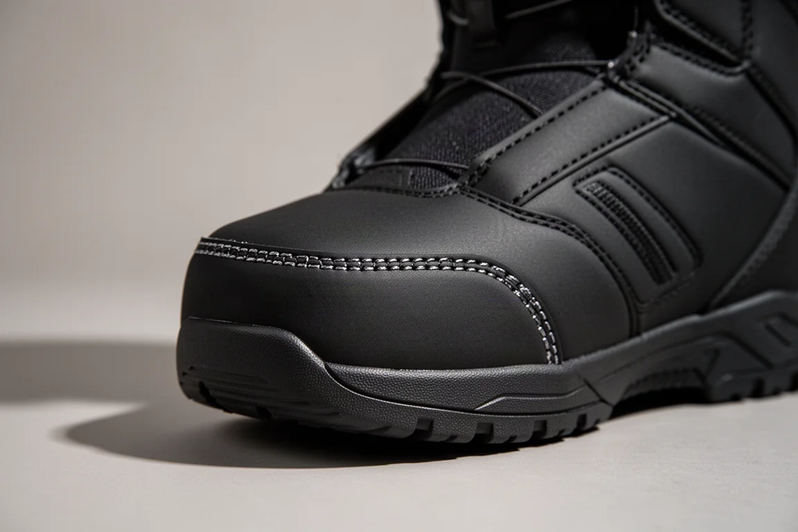 Close-up of a 3D molded toe box on a snowboard boot with welded seams