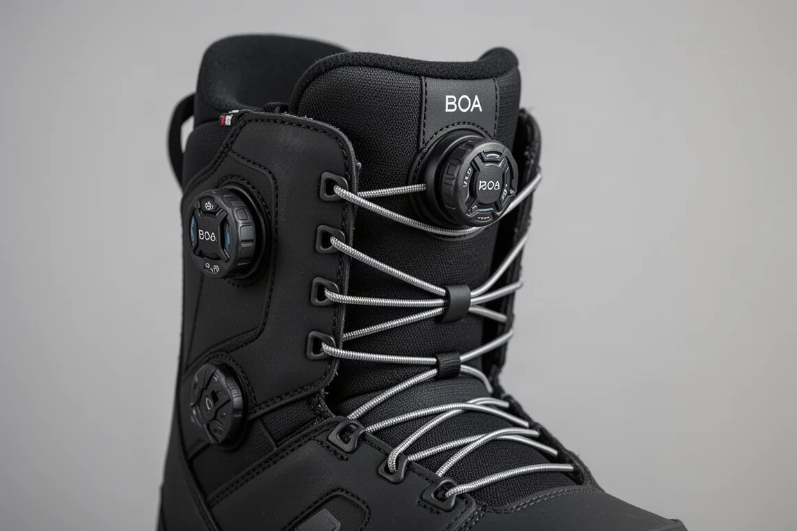 Two Boa dials on a snowboard boot with coiled steel lacing