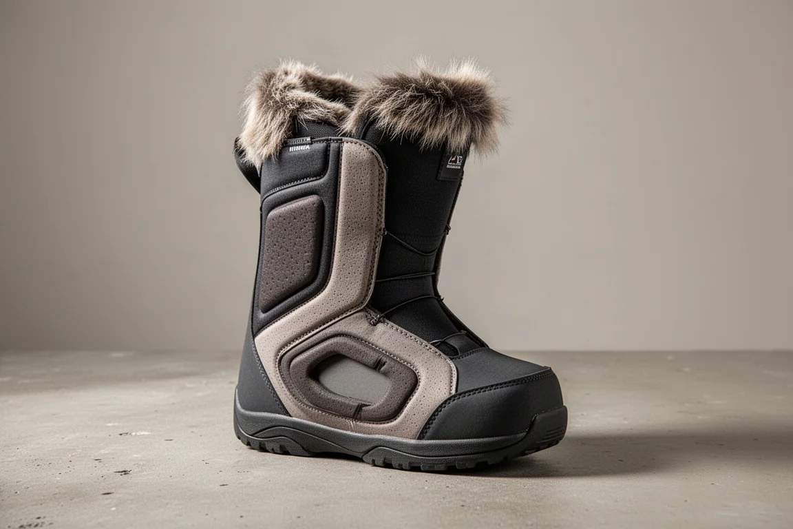 Snowboard boot liner with foam padding and heel pocket laid open