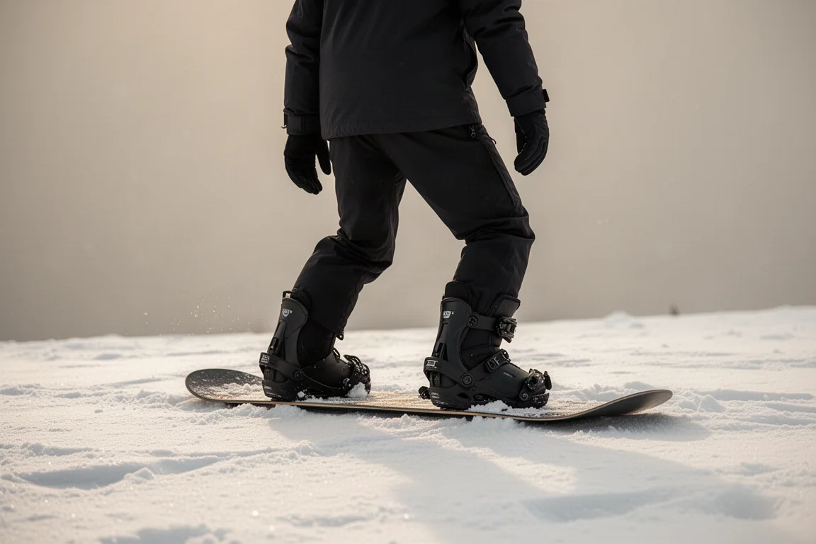 Snowboarder flexing boots beside a board on a snowy slope
