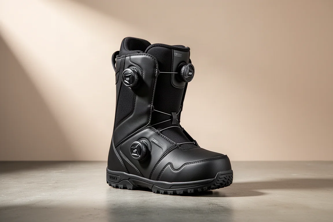 Women's black snowboard boot with dual Boa dials on a concrete surface
