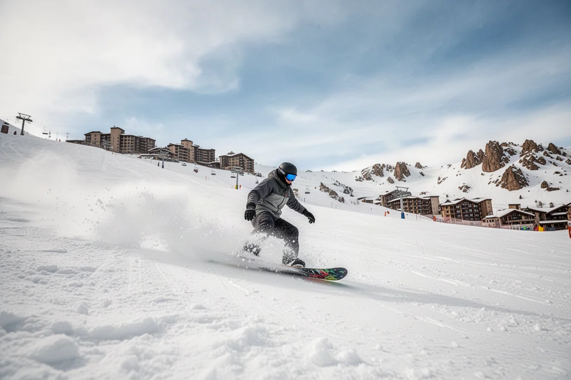 Snowboarder carving hard through spring slush on a sunny mountain slope