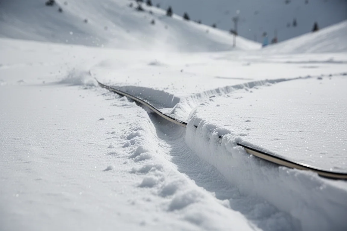 Close-up of a snowboard edge gripping into a steep carved turn on firm snow
