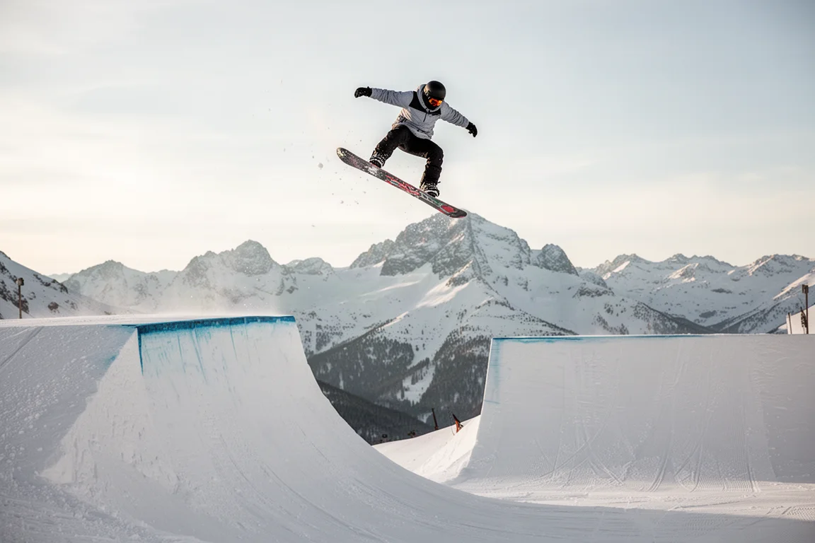 Snowboarder mid-air above a large mountain jump on a clear day