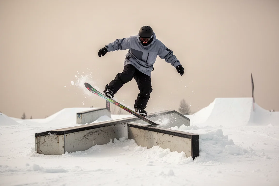 Snowboarder attempting a nose press on a park rail, working hard for the press