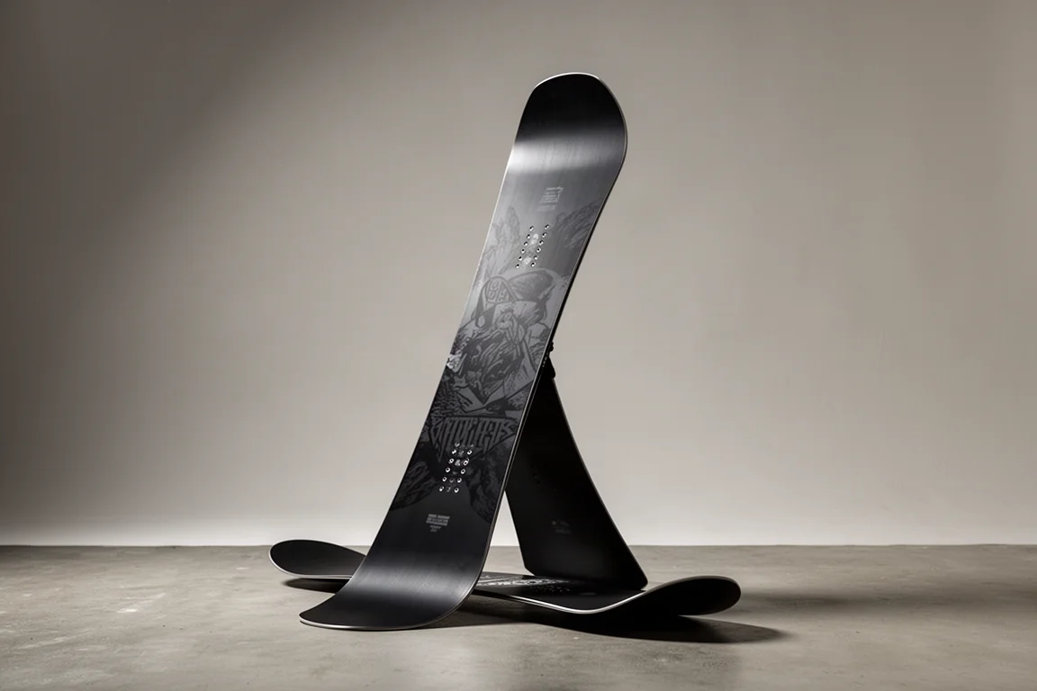 32 XXX Pat Fava Pro twin snowboard standing upright on a concrete surface