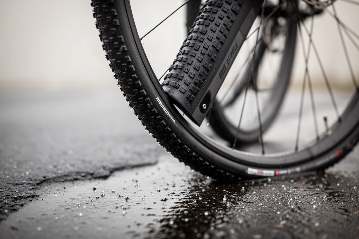 Close-up of a wide road bicycle tire tread on wet tarmac with water droplets