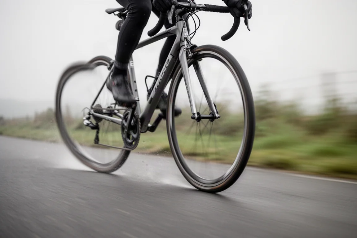 Low-angle view of a road bike cornering at speed on smooth tarmac