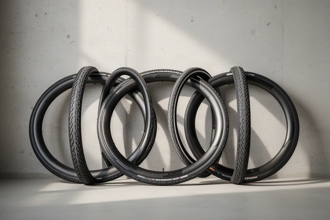 Four road bicycle tires of different widths leaning against a concrete wall